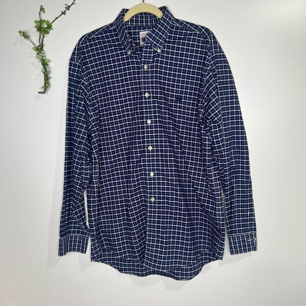 Brooks Brothers 346 Original Polo Shirt Blue White Check Plaid Sz Large Men’s